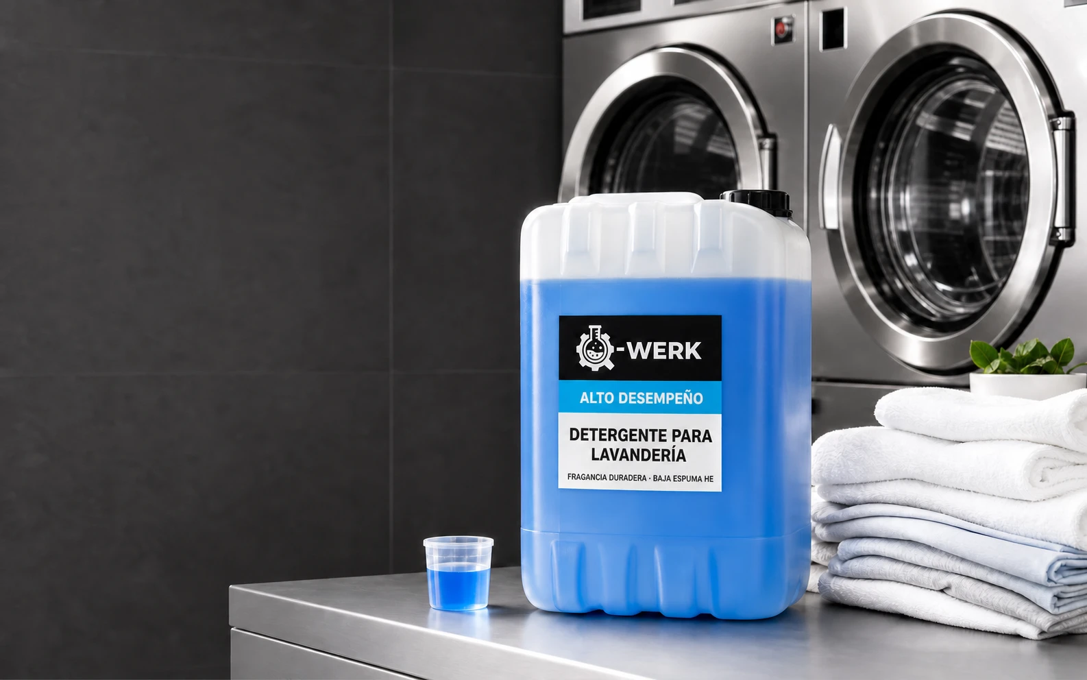 Detergente azul de alto desempeño en presentación de 20 litros para lavandería profesional