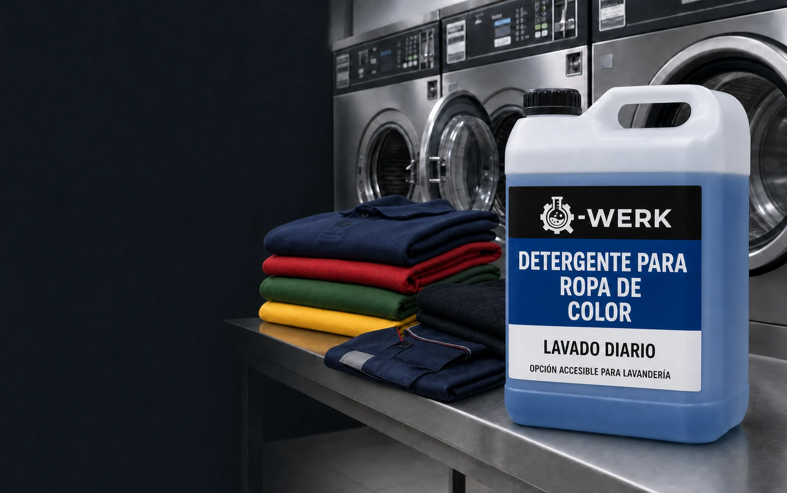 Detergente azul para ropa de color Q-WERK en presentación retornable de 20 litros dentro de una lavandería profesional